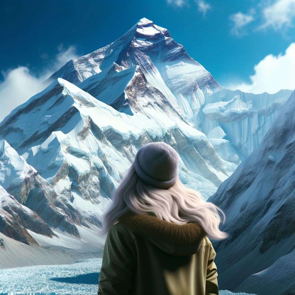someone gazing at Mount Everest, digital art, faux-3D style